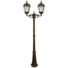 an old fashioned lamp post with two lights on it's sides and a white background