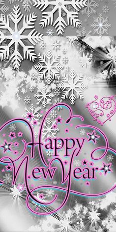 a happy new year greeting card with snowflakes and stars in the background,