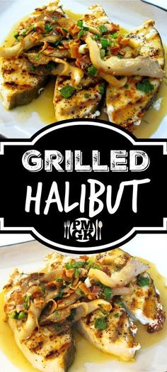 grilled halibut on a white plate with sauce