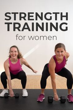 two women doing squats with dumbbells in front of a sign that says strength training for women