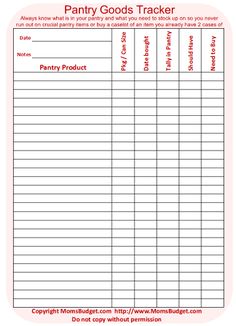 the printable pantry goods tracker sheet is shown in red and white, with an image of