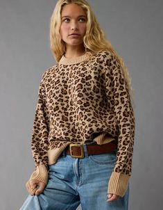 AE Whoa So Soft Crew Neck Sweater Big Pant, Express Outfits, Leopard Print Jeans, Athletic Fit Jeans, Leopard Print Sweater, Deep Autumn, Travel Capsule, Travel Capsule Wardrobe, Henley Sweater