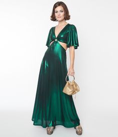 Smak Parlour Metallic Emerald Green Knit Maxi Dress - Unique Vintage - Womens, DRESSES, MAXI 1970s Fashion Disco, 70s Disco Outfit, 1970s Clothing, Disco Fashion, Knit Maxi Dress, Guest Attire, Wedding Attire Guest, On The Dance Floor, Disco Outfit