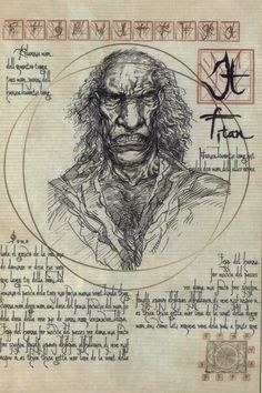 an old paper with a drawing of a man's face and words on it