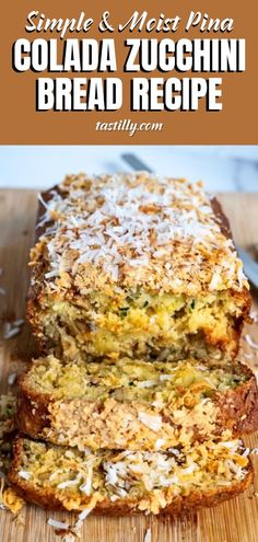 two slices of bread on top of a wooden cutting board with the words simple and meat - free goulada zucchini bread recipe