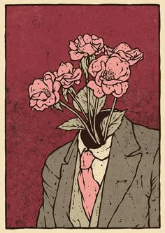 a drawing of a man with flowers in his suit and pink tie, against a red background