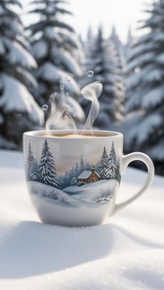 a coffee cup with steam rising out of it on top of snow covered ground in front of trees