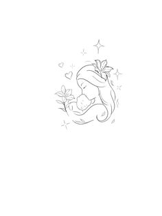 a black and white drawing of a little mermaid holding a flower