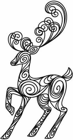 a black and white drawing of a reindeer with swirls on it's antlers