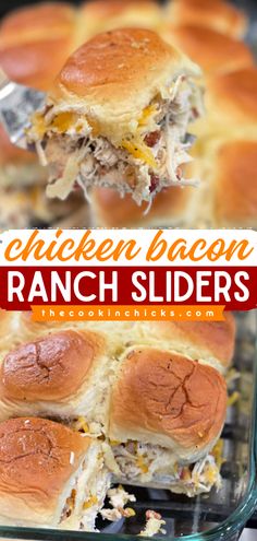 Learn how to make Chicken Bacon Ranch Sliders! They're a must-have finger food idea. Baked on Hawaiian rolls, these shredded chicken sliders are an easy party snack or a 4th of July appetizer recipe everyone will enjoy! Chicken Bacon Ranch Sliders, Bacon Ranch Sliders, Sliders Recipes Chicken, Rolled Sandwiches, Food Buffet