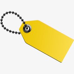 a yellow tag with a black ball chain