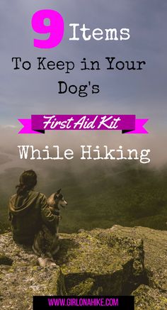 a person sitting on top of a mountain with the text 9 items to keep in your dog's first aid kit while hiking