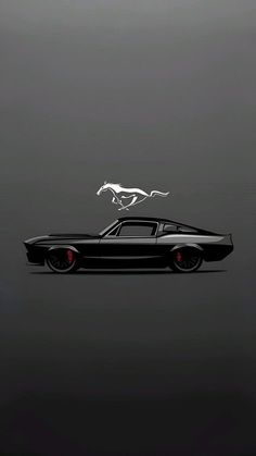 a black car with a white horse on it's hood is shown in front of a gray background