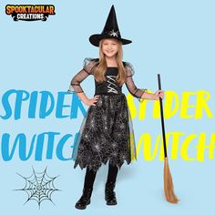 Includes a witch hat with an exquisite silver spider and a dress printed with bling spider web patterns. Durable and made with care. 100% polyester. Hand wash cold. Line dry. Do not bleach. Easy to wear, care for and clean. Item # 20975-L Item # 20975-M Item # 20975-S Spider Fancy Dress Kids, Spider Witch Costume, Kids Witch Costume, Spider Witch, Inflatable Costumes, Matching Costumes, Web Patterns, Witch Costume, A Witch