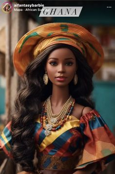 a barbie doll wearing a colorful outfit and hat with beads on her head, in the street