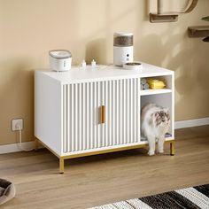 a white cabinet with a cat in it next to a carpeted floor and wall