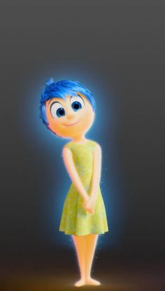 an animated cartoon character with blue hair and eyes, standing in front of a dark background