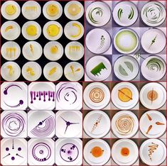 several plates with different designs on them are shown in multiple rows, one is white and the other is purple