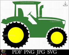 a green tractor with yellow wheels and the word clipart works on it's side