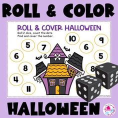 roll and cover halloween game with dices on the side, in front of a purple background