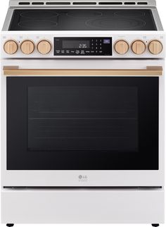 a white stove with two burners and an oven door on the front, is shown