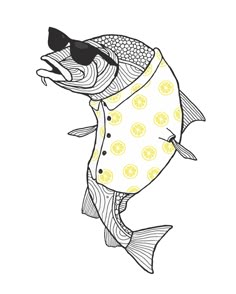 a fish with sunglasses on it's head and some lemons in its mouth