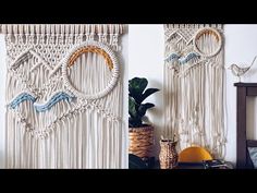 two macrame wall hangings next to each other with plants in front of them