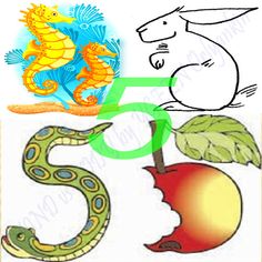 the numbers 5 and 6 with pictures of animals, snakes, and apples on them