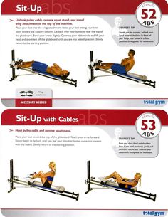 the instructions for how to sit up with cablels and pull - ups are shown in this