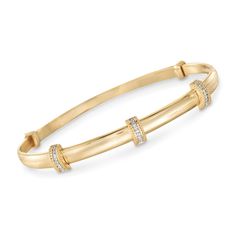 Ross-Simons - Diamond-Accented 14kt Gold Over Sterling Bangle Bracelet. 7". Feminine, chic and ultra-versatile, this 14kt yellow gold over sterling silver bangle bracelet is adorned with three stations of diamond accents for a simple but significant detail that will delight. Expands slightly to easily slip on and off. Diamond-accented bangle bracelet. Diamond birthstones are the perfect gift for April birthdays. Elegant Adjustable 14k Stamped Bracelets, Adjustable Yellow Gold Diamond Bracelet For Formal Occasions, Classic Adjustable Gold Bracelet With Diamond Accents, Adjustable Gold Diamond Bracelet Classic Style, Diamond Bangle Bracelet, Bracelet Diamond, Silver Bangle Bracelet, Diamond Birthstone, Feminine Chic