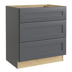 a gray cabinet with two drawers on one side and an unfinished drawer on the other