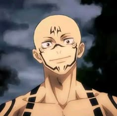 an anime character with white hair and black stripes on his face, staring at the camera