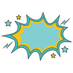 an illustration of a blue and yellow comic speech bubble with stars on the bottom corner