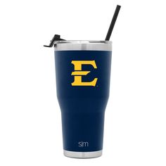 a blue tumbler with the letter e on it and a straw sticking out of it