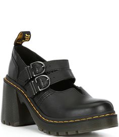 From Dr. Martens&#x2C; the Women's Evie Sendel Leather Heeled Mary Jane Pumps feature:semi-aniline&#x2C; natural-looking nappa leather with a smooth full-grain finishdurable and flexible construction for all day comfortDouble adjustable bucklesLeather liningvisible yellow stitching&#x2C; grooved sides&#x2C; and a scripted heel-loopRubber outsole is cemented to the upperApprox. 1.125" platform heightApprox. 3.75" Doc Marten Mary Janes, Platform Pumps Heels, Dream Shoe, 22nd Birthday, Mary Jane Pumps, Mary Jane Heels, Shoes Heels Pumps, Dream Shoes, Platform Pumps