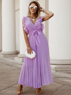 Tied Surplice Cap Sleeve Pleated Dress - Sydney So Sweet Mantel Outfit, Pleated Party Dress, Pleated Chiffon Skirt, Elegant Maxi Dress, Flowing Dresses, Long Dress Casual, Solid Color Dress, Maxi Robes, Pleated Maxi Dress