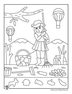 a coloring page with a boy holding a broom in front of a hot air balloon