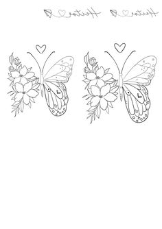 two butterflies with hearts and flowers on them