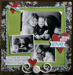 a scrapbook page with photos and hearts