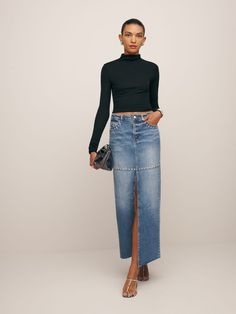 Let your skirt do the talking. Shop the Tazz Maxi Denim Skirt     from Reformation, is a long denim skirt with five pockets and a zipper closure. Denim Long Skirt, Maxi Denim Skirt, Jean Skirt Outfits, Long Jean Skirt, Crop Top With Jeans, Long Denim Skirt, Outfits Dresses, Stretch Denim Fabric, Sincerely Jules