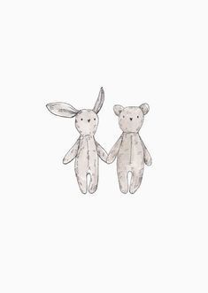 two stuffed animals are standing next to each other in front of a white background and one is holding hands with the other hand