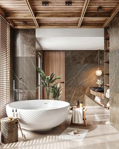 a large white bath tub sitting inside of a bathroom next to a wooden wall and ceiling