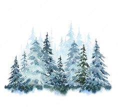 watercolor painting of snow covered pine trees