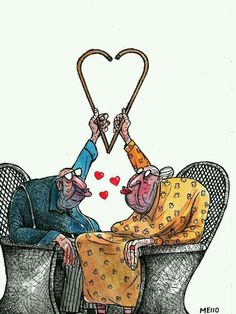 two people are sitting in a chair with hearts drawn on the back and one is holding an umbrella