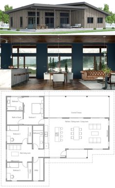 the floor plan for a modern house with an open concept and large glass doors to let in lots of natural light