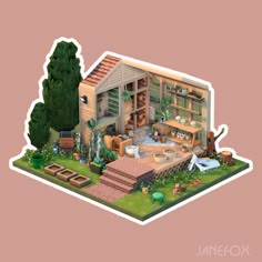 a cut out of a house with lots of furniture and trees in the front yard