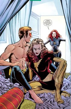 a comic book cover with an image of two women and a man on the bed