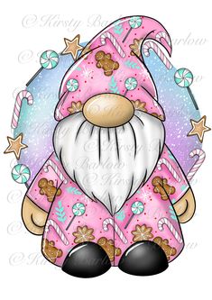 a pink and blue gnome with white beard sitting in front of a candy caned background