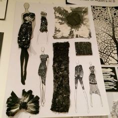 an assortment of fashion items are displayed on a white board with black and silver paper