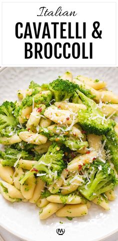 broccoli and pasta on a white plate with the title italian cavatello & broccoli